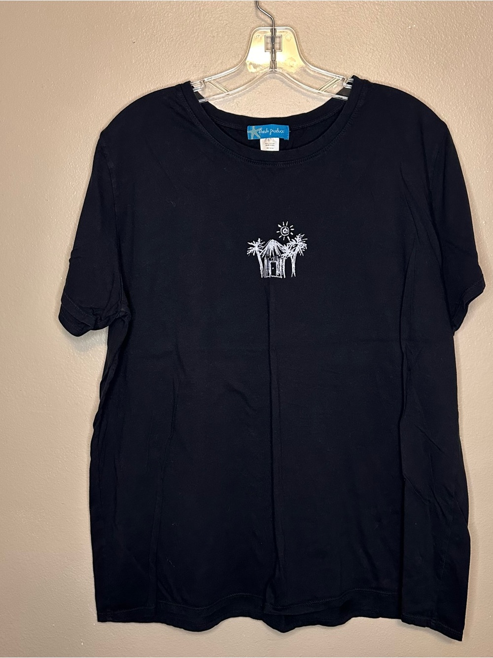 fresh produce Black Tee with White Palm Cabin Embroidery